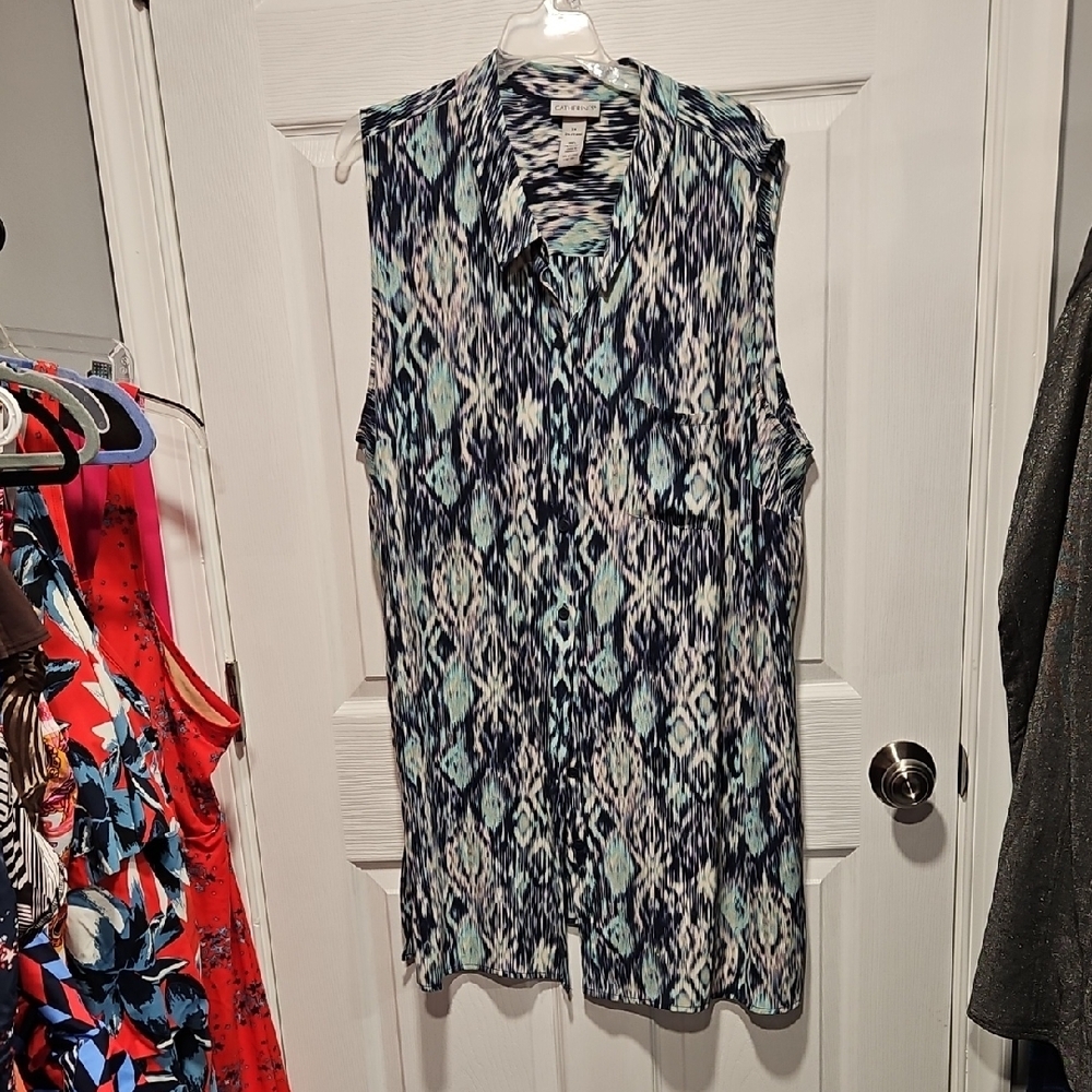 Catherines Blue and White Sleeveless Button Down Shirt